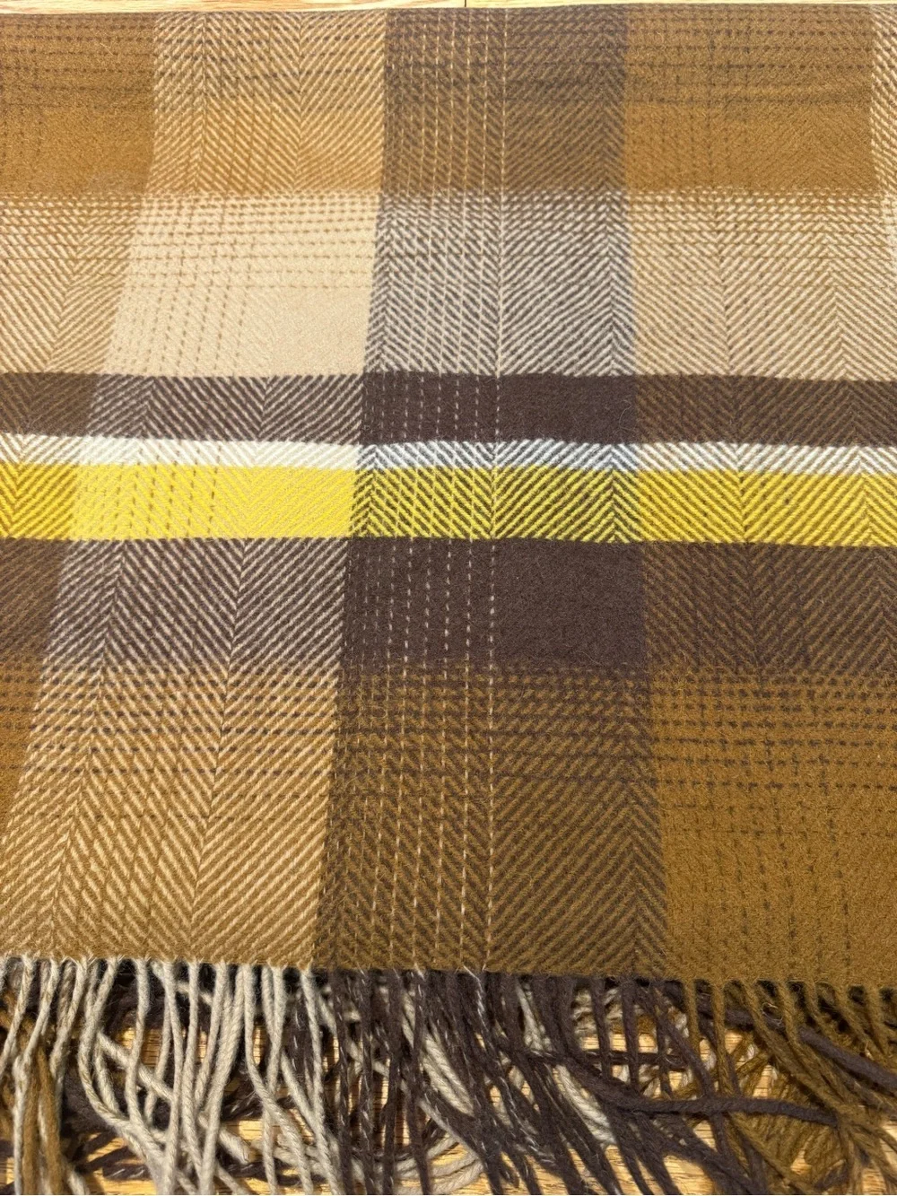 NWT Wool Plaid Throw Blanket in Mustard, Brown & Cream with Fringe Edges 72x56